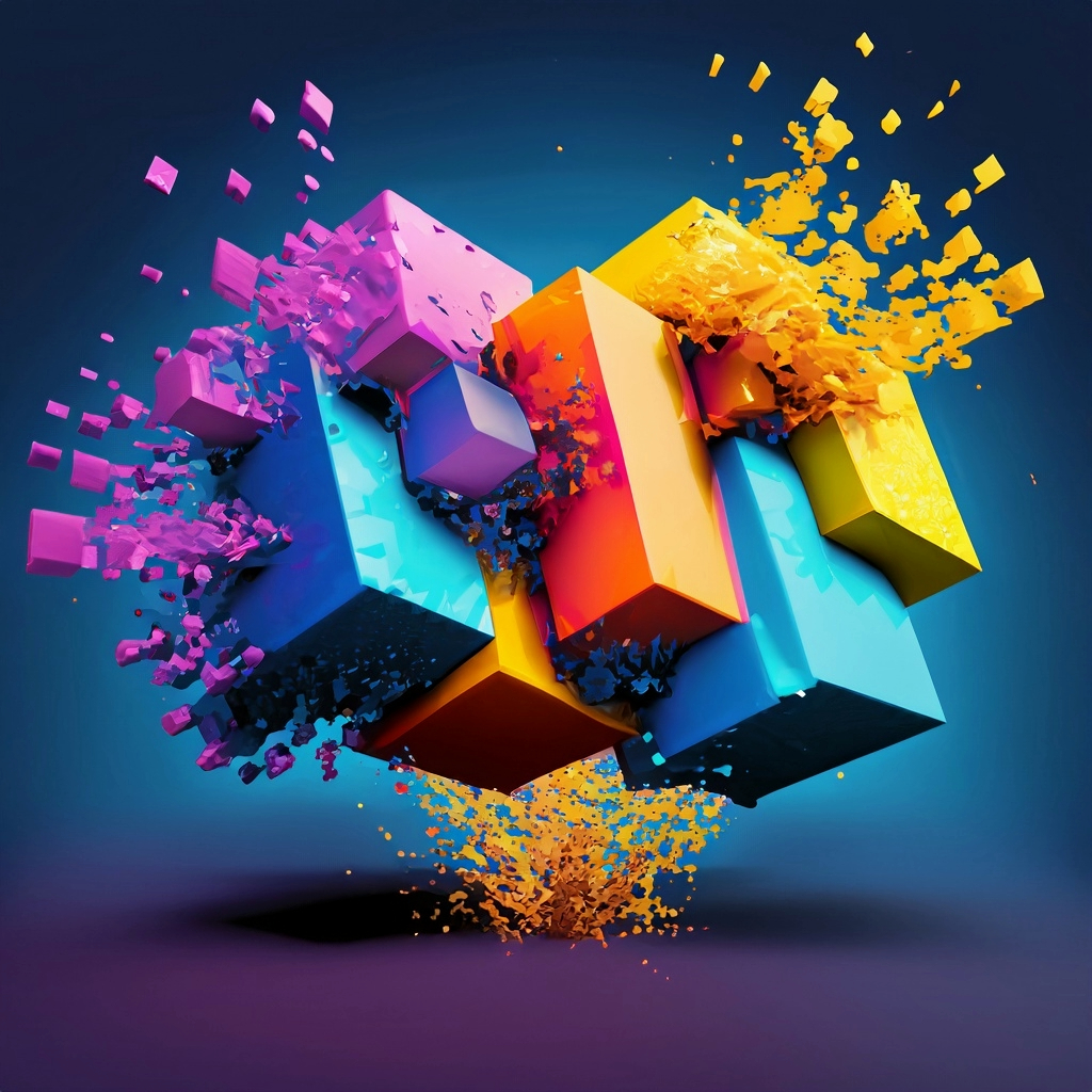 AI prompt: Three colorful 3d cubes joining together in an explosion of color, isolated dark blue background
